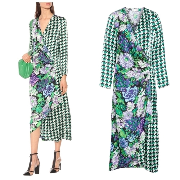 Rixo Betty Floral & Houndstooth Print Wrap Dress - Picture 1 of 8